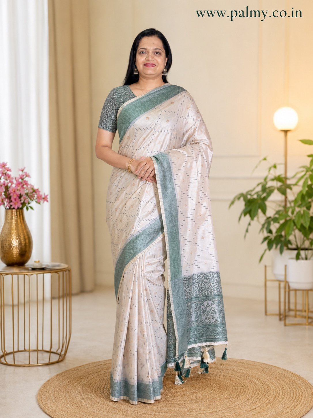 Cream Khadi Silk Saree with Green Woven Border & Tassels