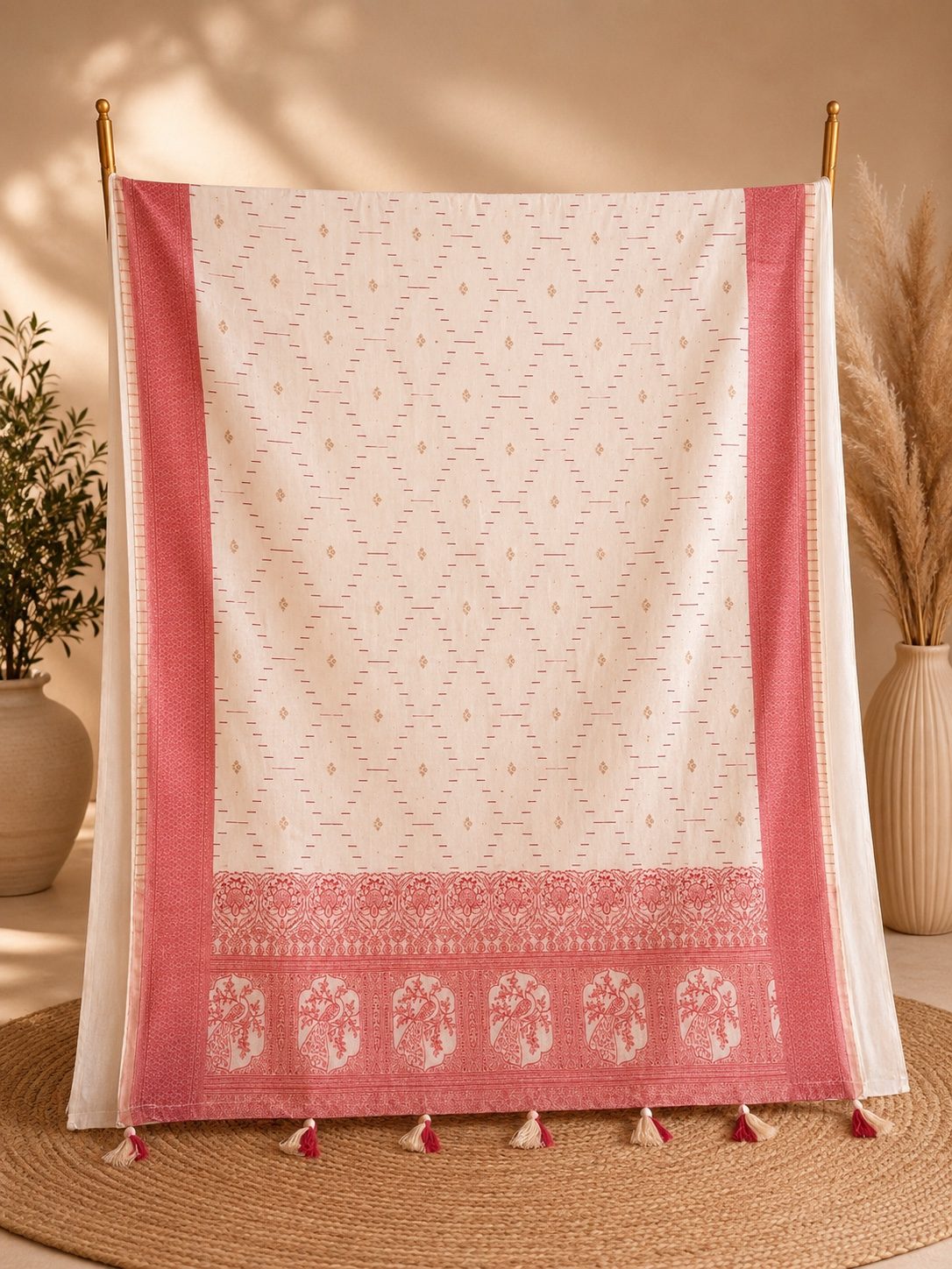 Cream Khadi Silk Saree with Red Woven Border & Tassels