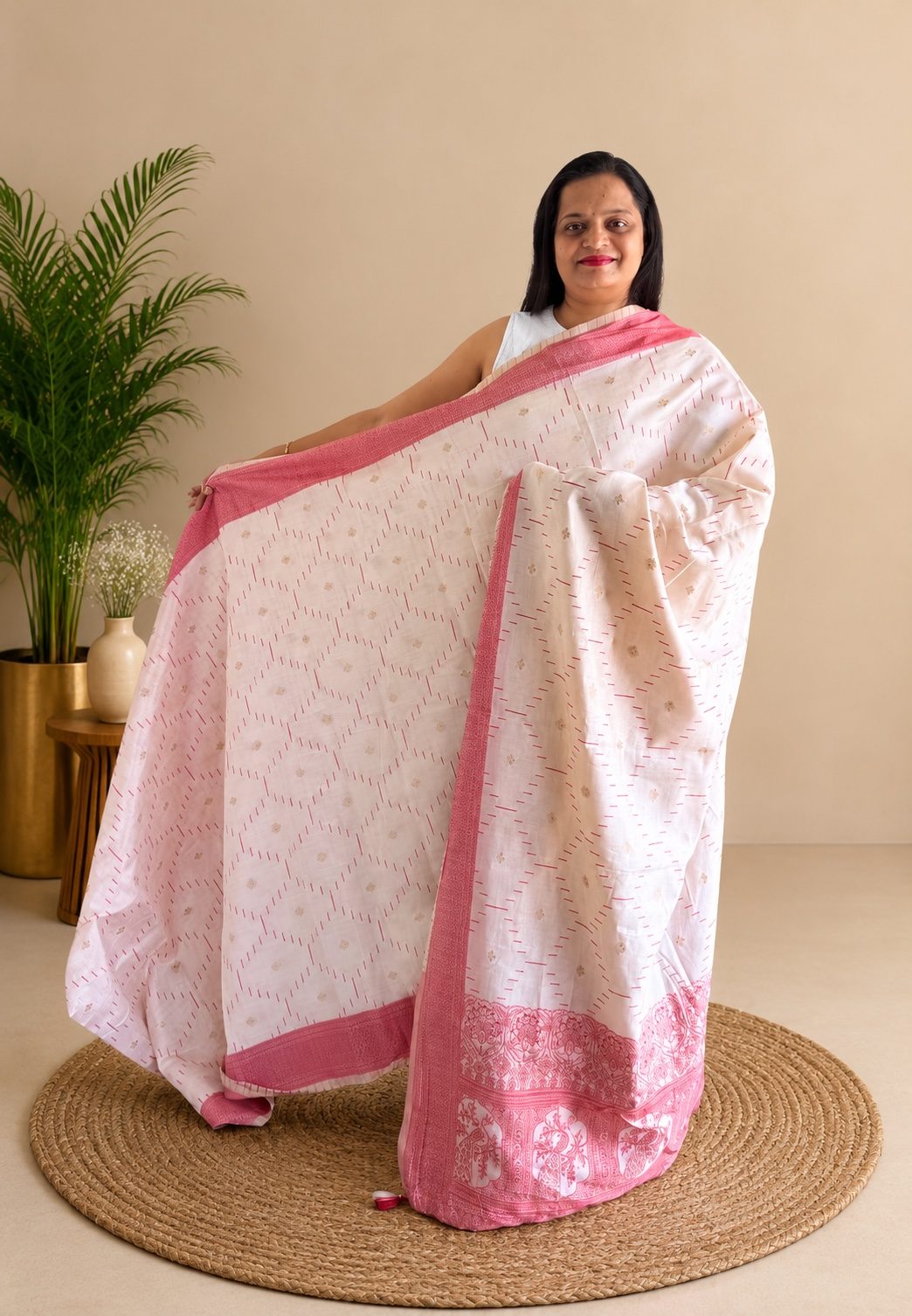 Cream Khadi Silk Saree with Red Woven Border & Tassels