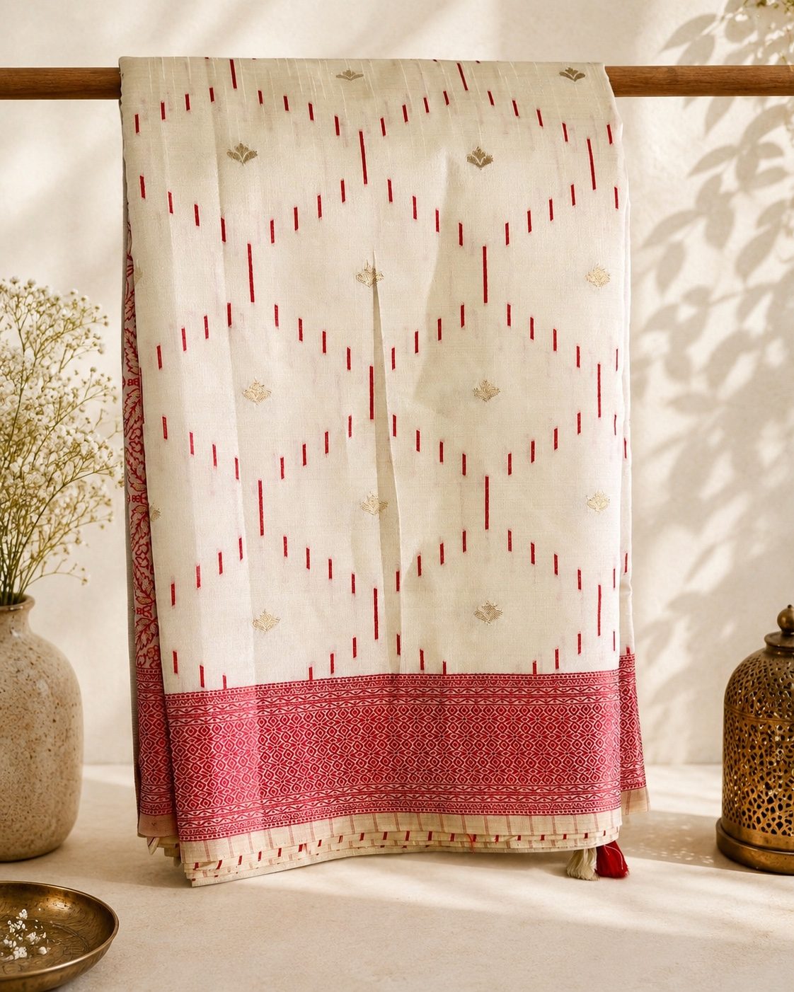 Cream Khadi Silk Saree with Red Woven Border & Tassels