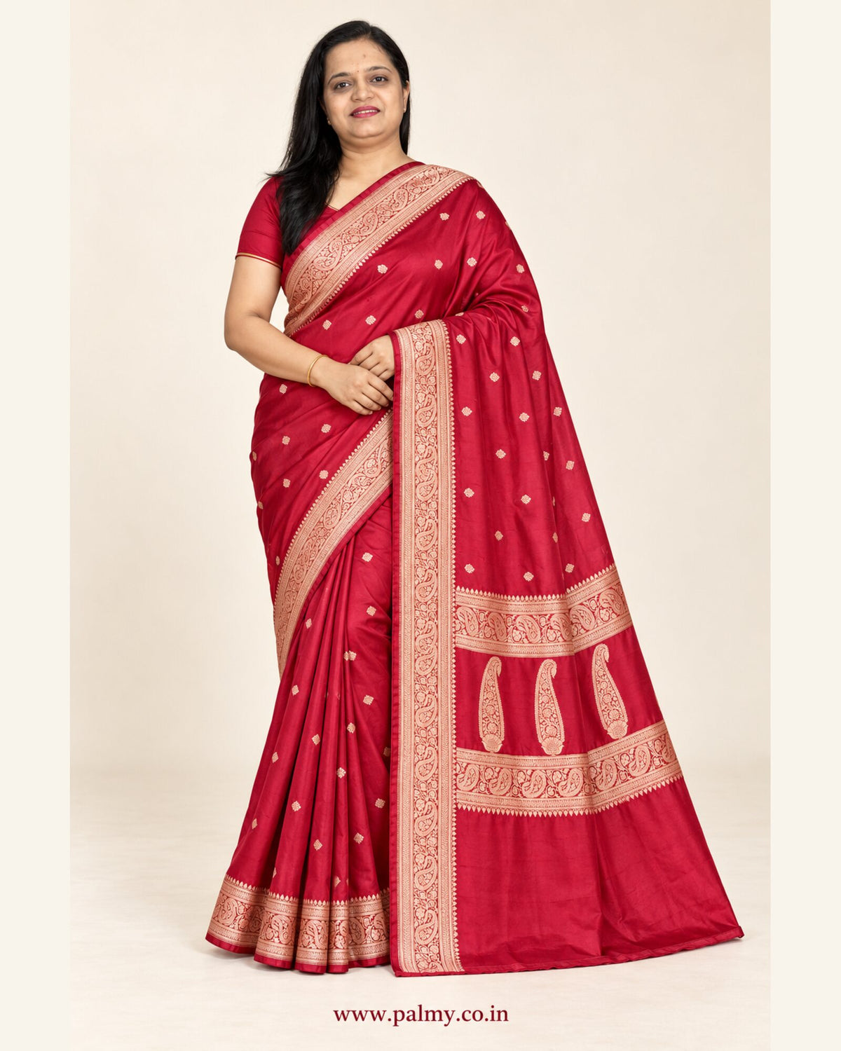Crimson Red Banarasi Soft Mashru Silk Woven Saree with Paisley Border (with Rose Gold Zari)