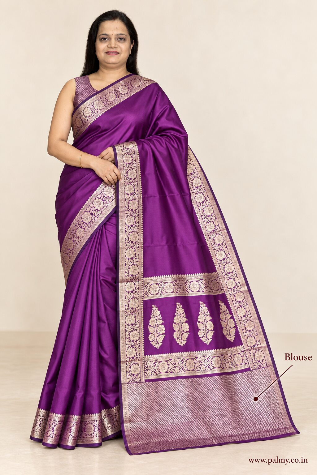 Dark Magenta Plain Banarasi Soft Katan Silk Saree with Light Champagne-Gold Zari Border
