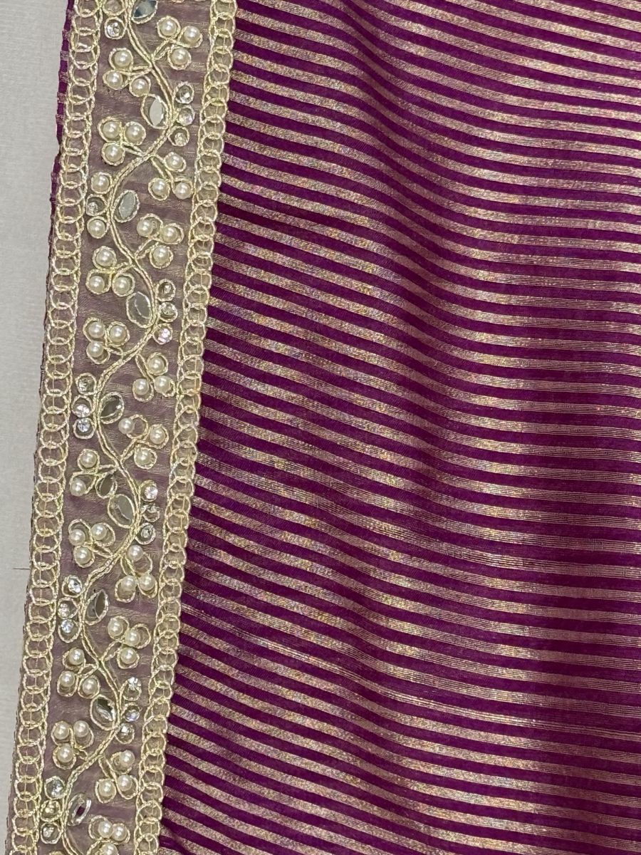 Dark Magenta Purple Banarasi Soft Tissue Silk Saree with Stripe Weaving & Designer Pearl Lace Border