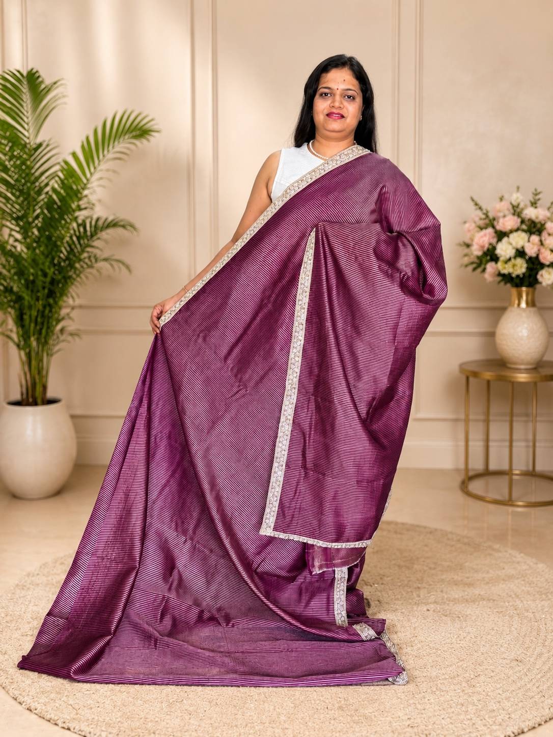 Dark Magenta Purple Banarasi Soft Tissue Silk Saree with Stripe Weaving & Designer Pearl Lace Border