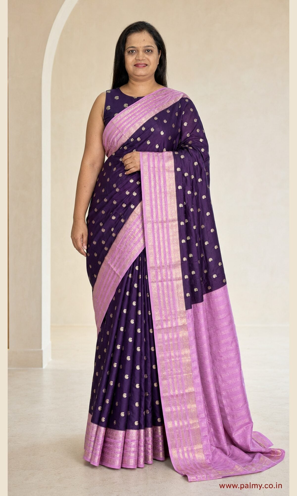 Dark Purple Mysore Silk Saree with Gold Woven Paisley Buttas and Pink Border