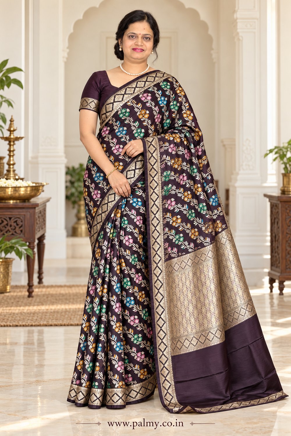 Deep Aubergine Banarasi Soft Mashru Silk Saree with Meenakari Floral Jangla