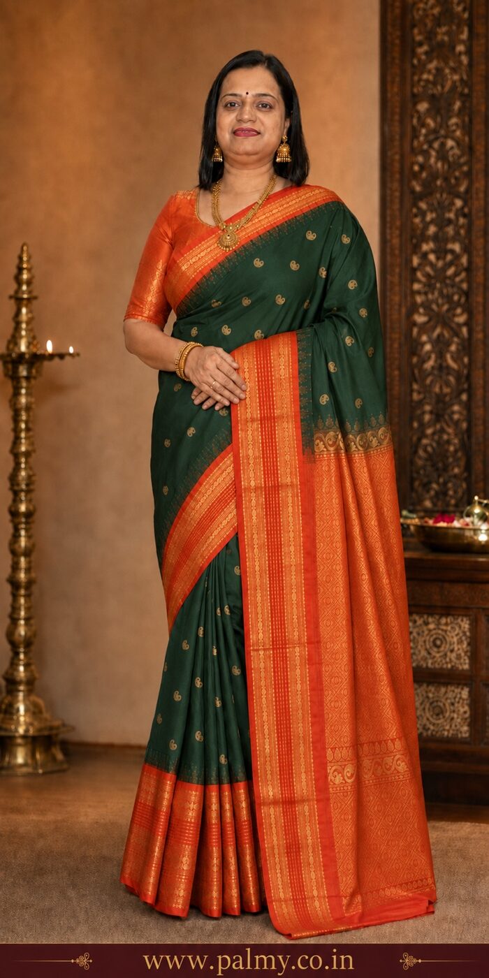 Deep Bottle Green Korvai Silk Saree with 8-Inch Broad Orange-Red Zari Border
