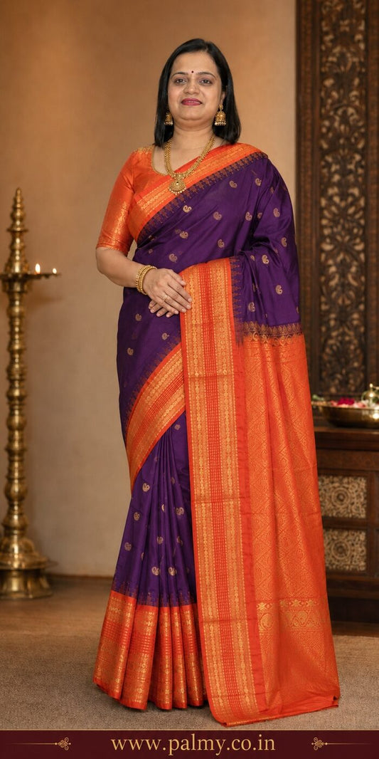 Deep Purple Kanchi Korvai Silk Saree with 8-Inch Broad Orange-Red Zari Border