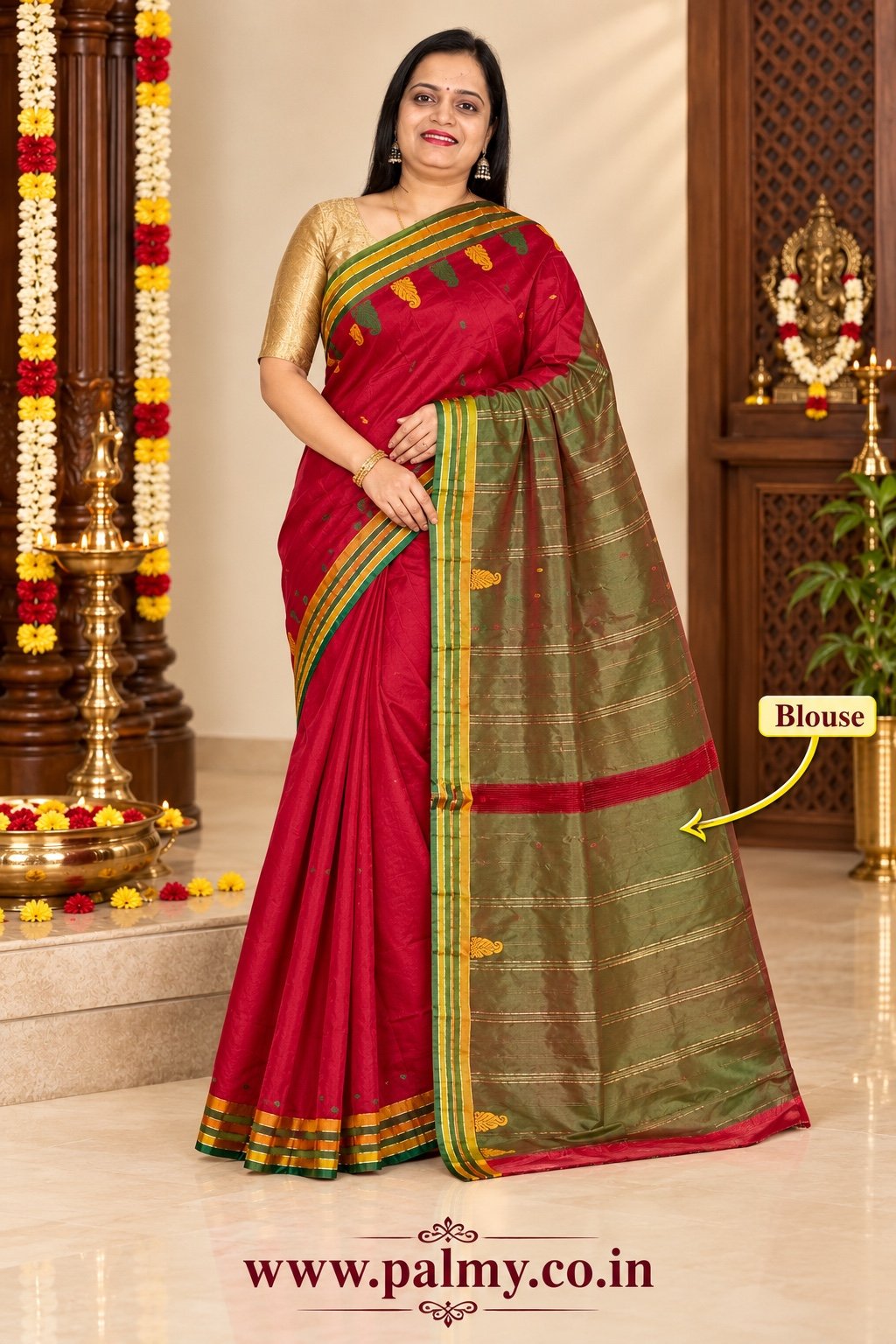 Deep Red Arani Pattu Saree with Green & Mustard Woven Border and Contrast Pallu