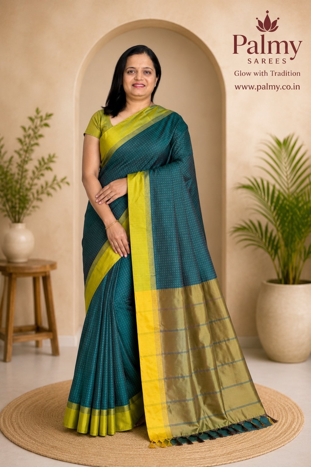 Deep Sea Green Arani Pattu Thread Butta Saree with Contrast Border