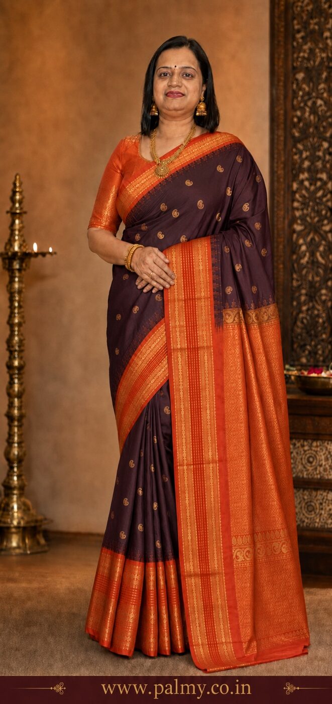 Deep Wine Maroon Kanchi Korvai Silk Saree with 8-Inch Broad Orange-Red Zari Border