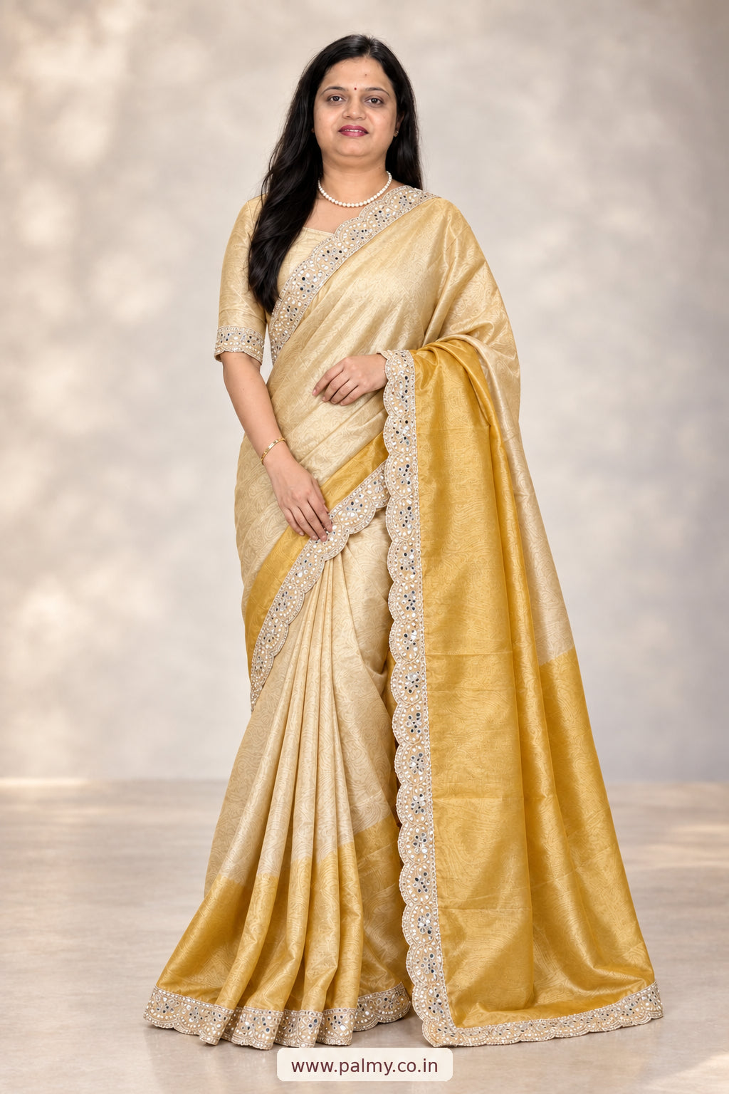 Dual Shade Gold Banarasi Tissue Silk Saree with Pearl Lace Border