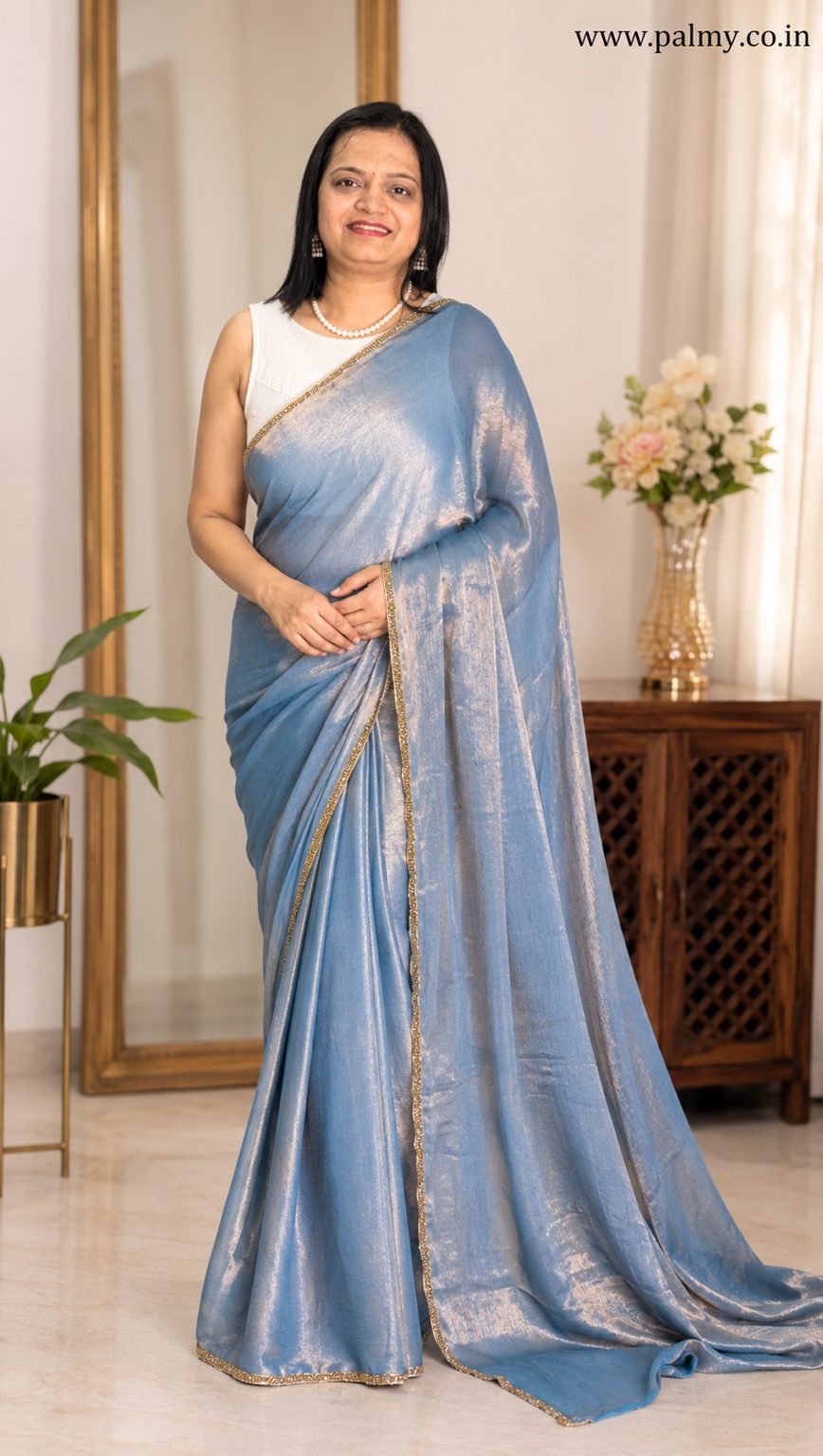 Dual Tone Dusty Blue Plain Fandy Chiffon Saree with Silver Sheen & Lace Border