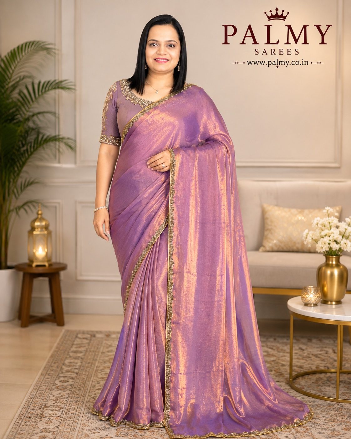 Dual Tone Dusty Mauve Purple Plain Fandy Chiffon Saree with Copper-Gold Sheen & Lace Border
