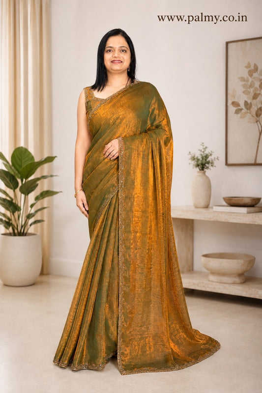 Dual Tone Metallic Gold Plain Fandy Chiffon Saree with Gold Sheen & Lace Border