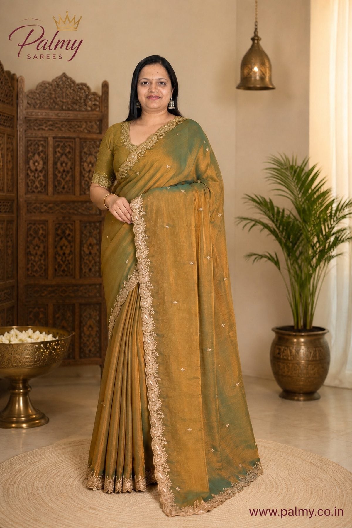 Dual Tone Olive Green & Antique Gold Embroidered Georgette Saree | Party & Festive Wear