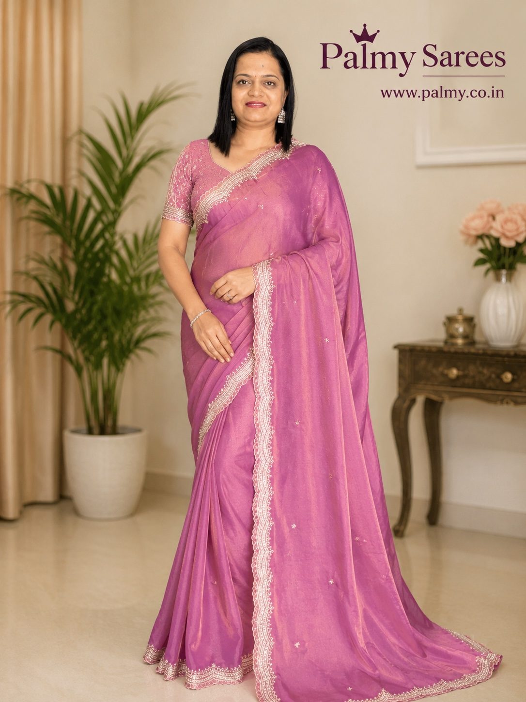Dusty Mauve Pink Dual Tone Moss Chiffon Saree with Designer Scallop Border