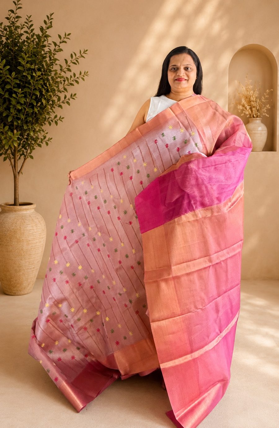Dual Tone Pink Banarasi Tissue Tanchui Silk Saree with Embroidery Work