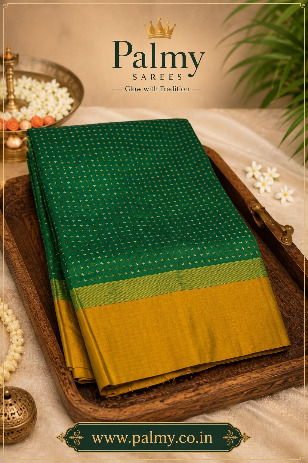 Emerald Green Arani Pattu Thread Butta Saree with Gold Border
