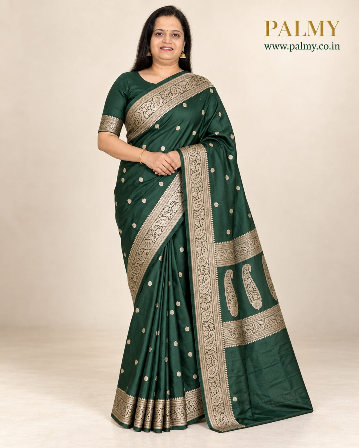 Emerald Green Banarasi Soft Mashru Silk Woven Saree with Paisley Border