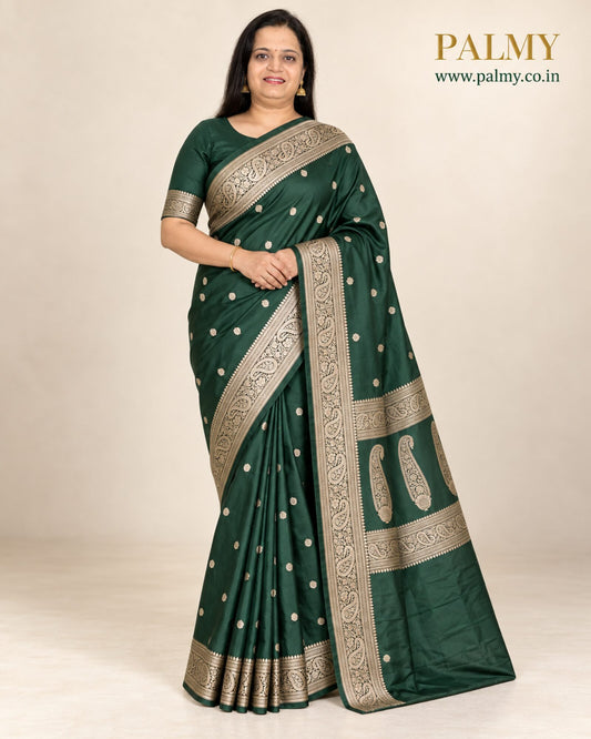 Emerald Green Banarasi Soft Mashru Silk Woven Saree with Paisley Border