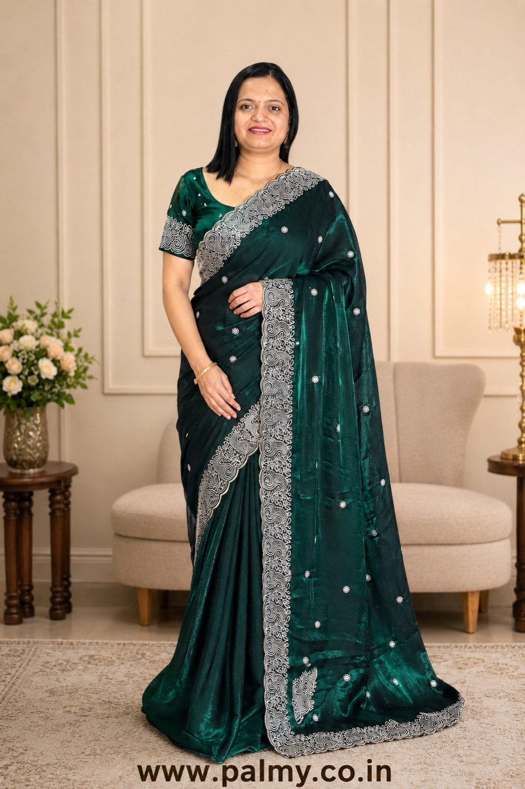 Emerald Green Dual Tone Fandy Silk Embroidered Saree
