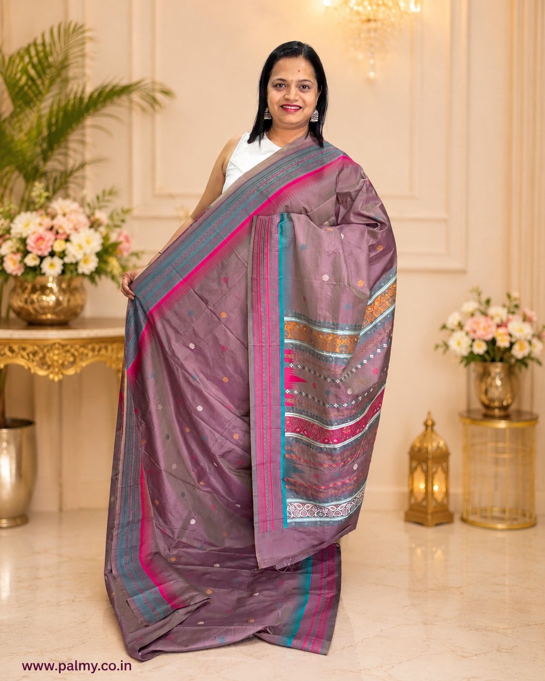 Exclusive Dusty Mauve Tussar Manipuri Silk Saree with Woven Butis & Designer Pallu Palmy Sarees