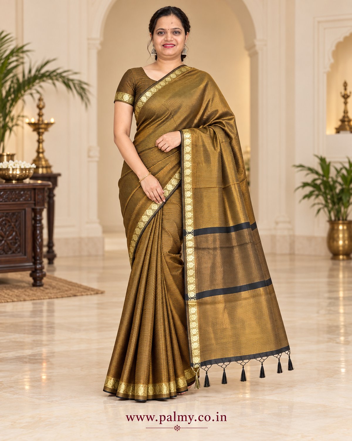Gold and Black Stripes Banarasi Tissue Saree with Small Border