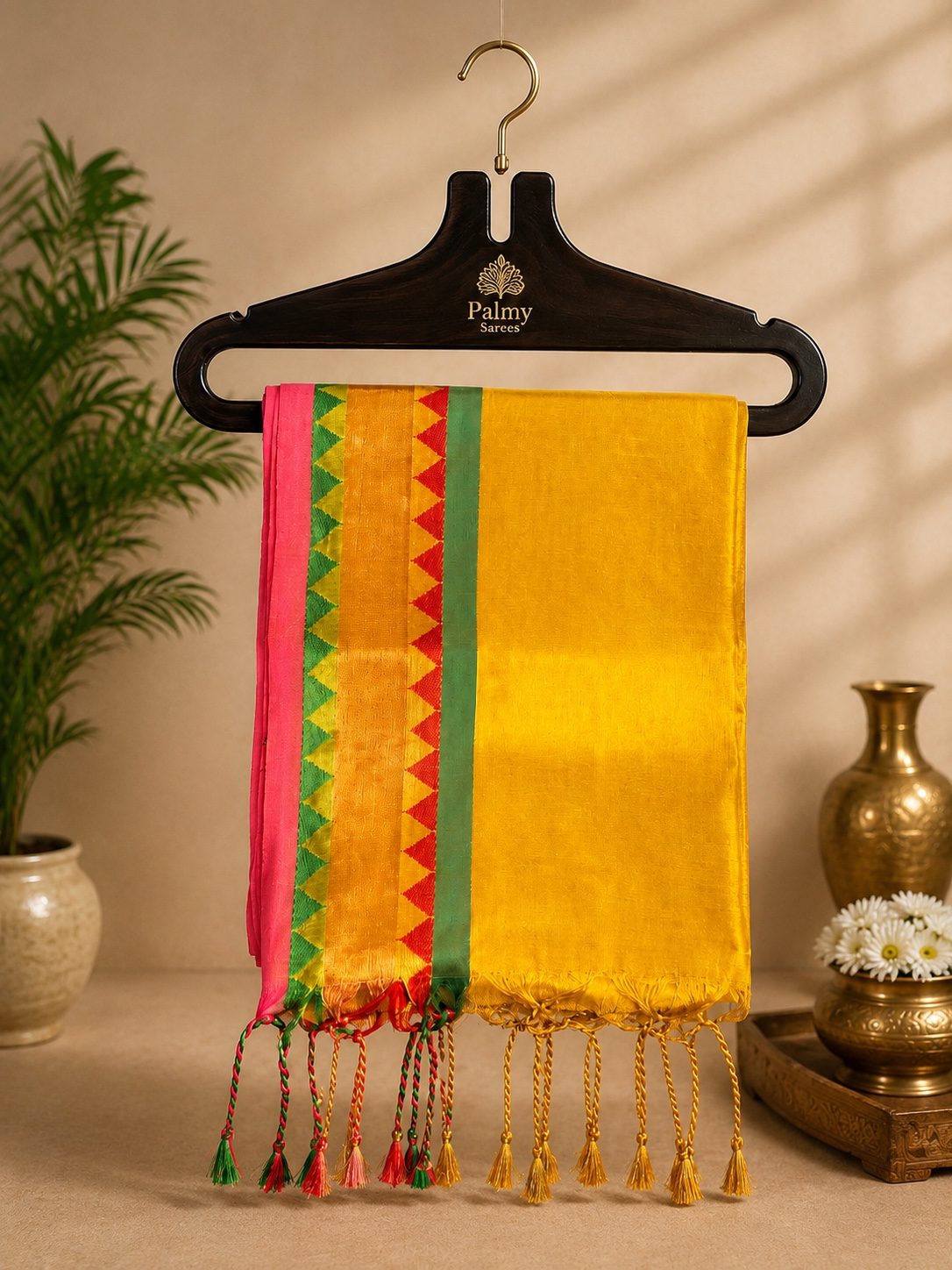 Golden Mustard Soft Tissue Jacquard Saree with Multicolor Temple Border