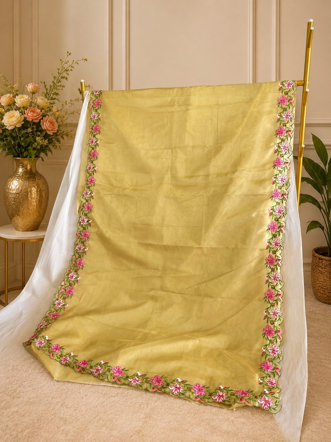 Golden Plain Floral Saree