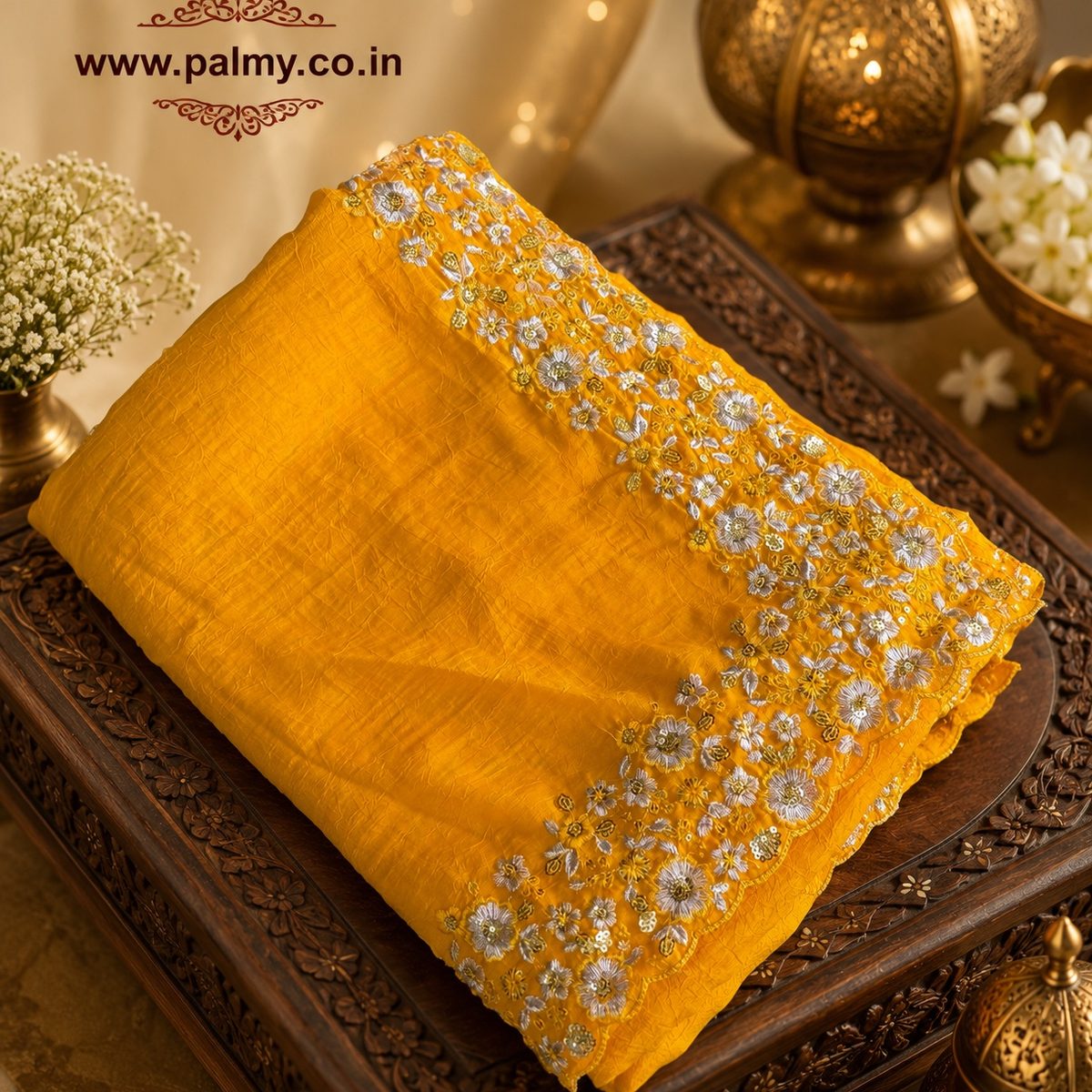 Golden Yellow Crushed Silk Saree with Floral Embroidered Border & Designer Blouse