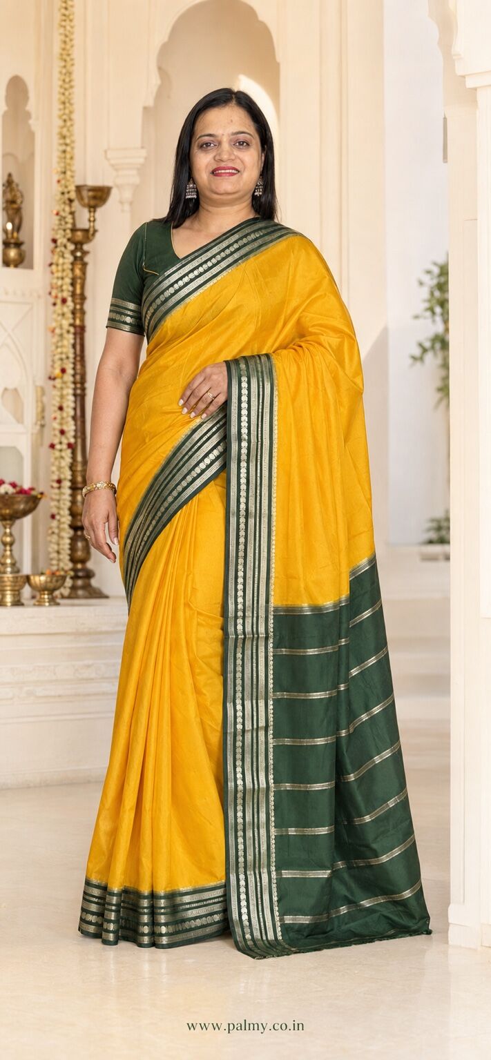 Golden Yellow Mysore Silk Saree with Forest Green Zari Border