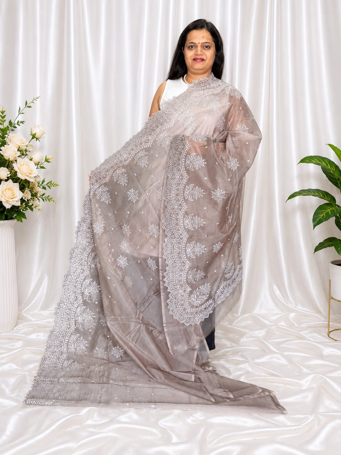 Grey Banarasi Organza Silk Saree