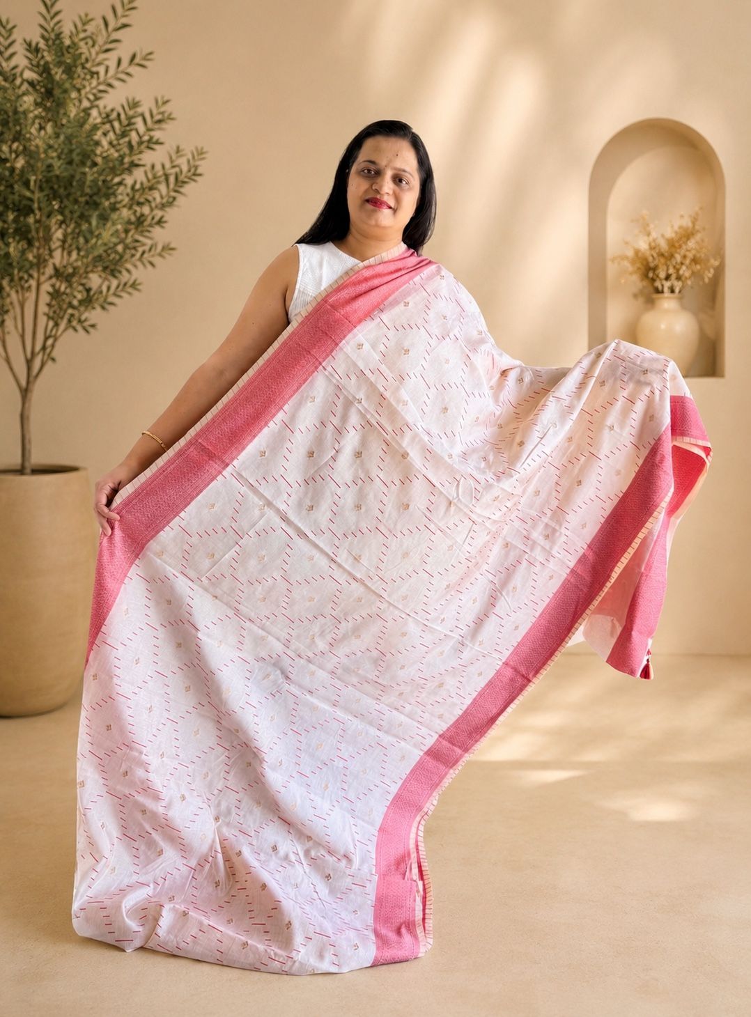 Cream Khadi Silk Saree with Red Woven Border & Tassels