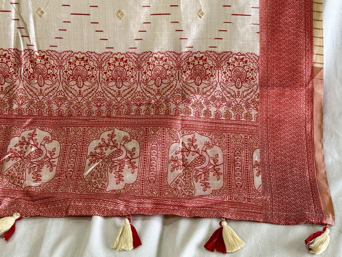Cream Khadi Silk Saree with Red Woven Border & Tassels