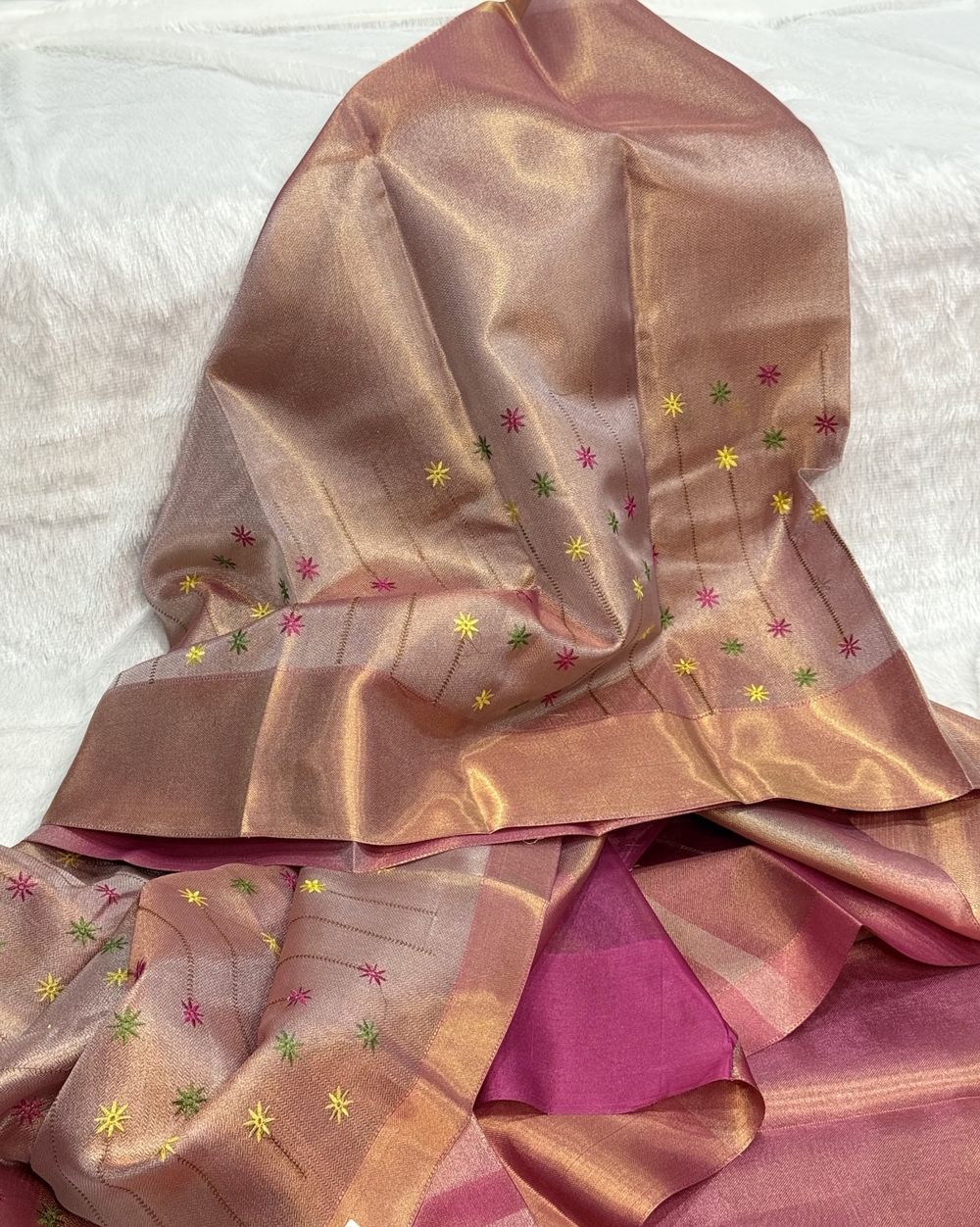 Dual Tone Pink Banarasi Tissue Tanchui Silk Saree with Embroidery Work