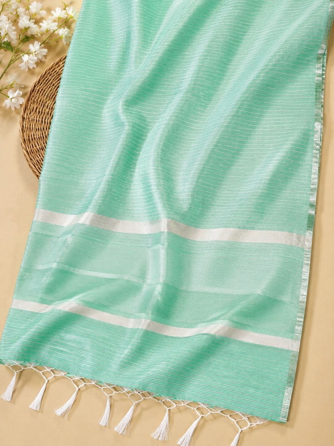 Pastel Mint Green Banarasi Cotton Tissue Soft Silk Saree with Silver Zari Stripes