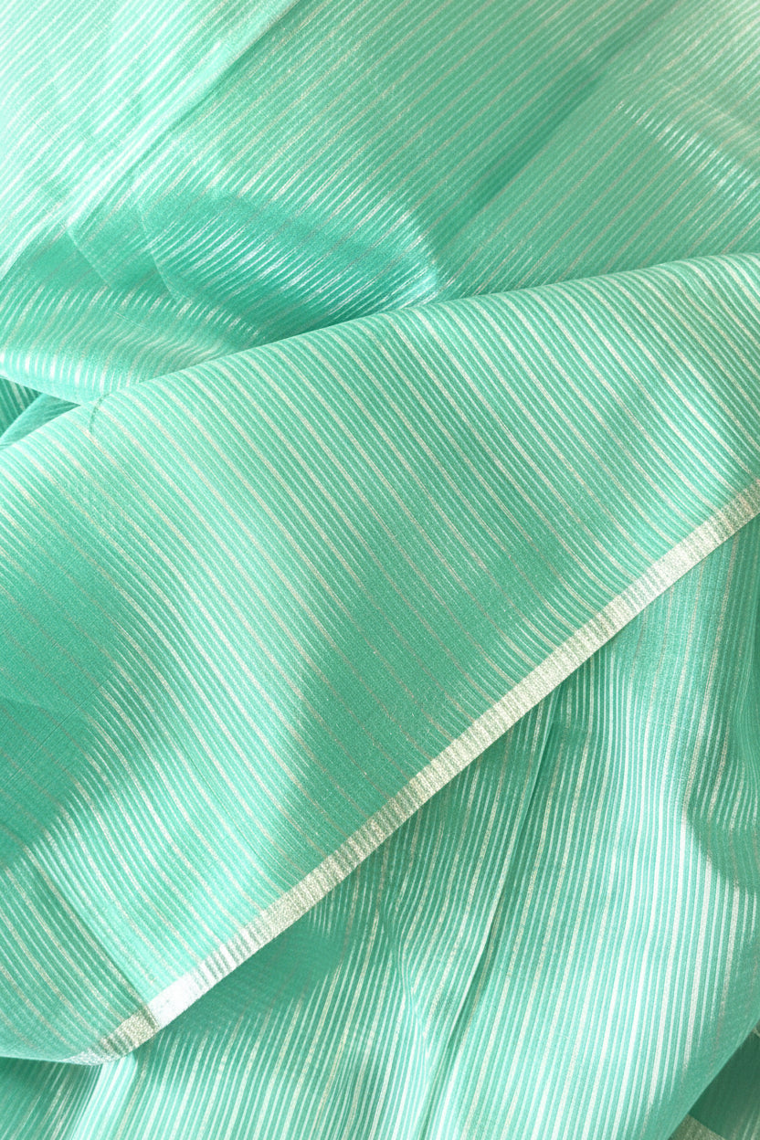 Pastel Mint Green Banarasi Cotton Tissue Soft Silk Saree with Silver Zari Stripes