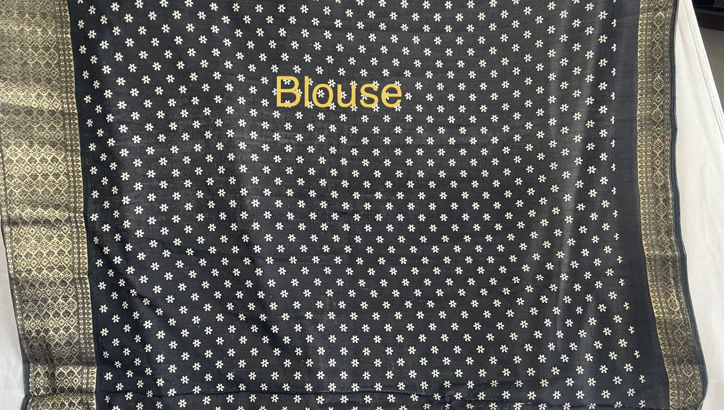 Black & White Printed Tussar Silk Saree with Rich Pallu