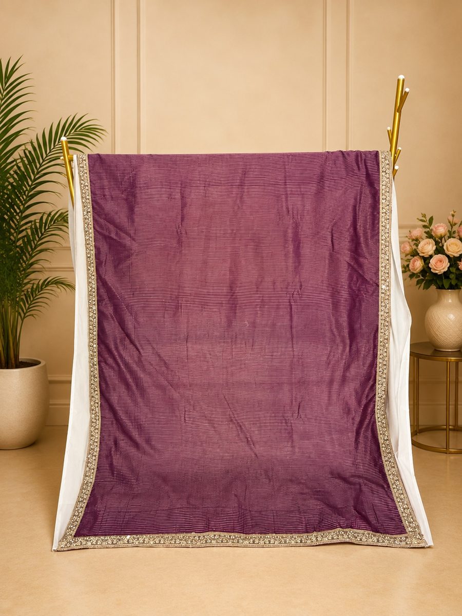 Dark Magenta Purple Banarasi Soft Tissue Silk Saree with Stripe Weaving & Designer Pearl Lace Border