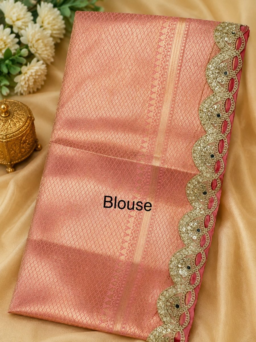 Pastel Peach Pink Banarasi Soft Tissue Silk Saree with Stripe Weaving & Designer Pearl Lace Border