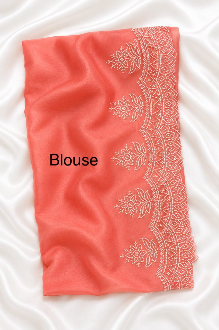 Coral Peach Banarasi Organza Silk Saree with Elegant Embroidery Work & Scallop Border