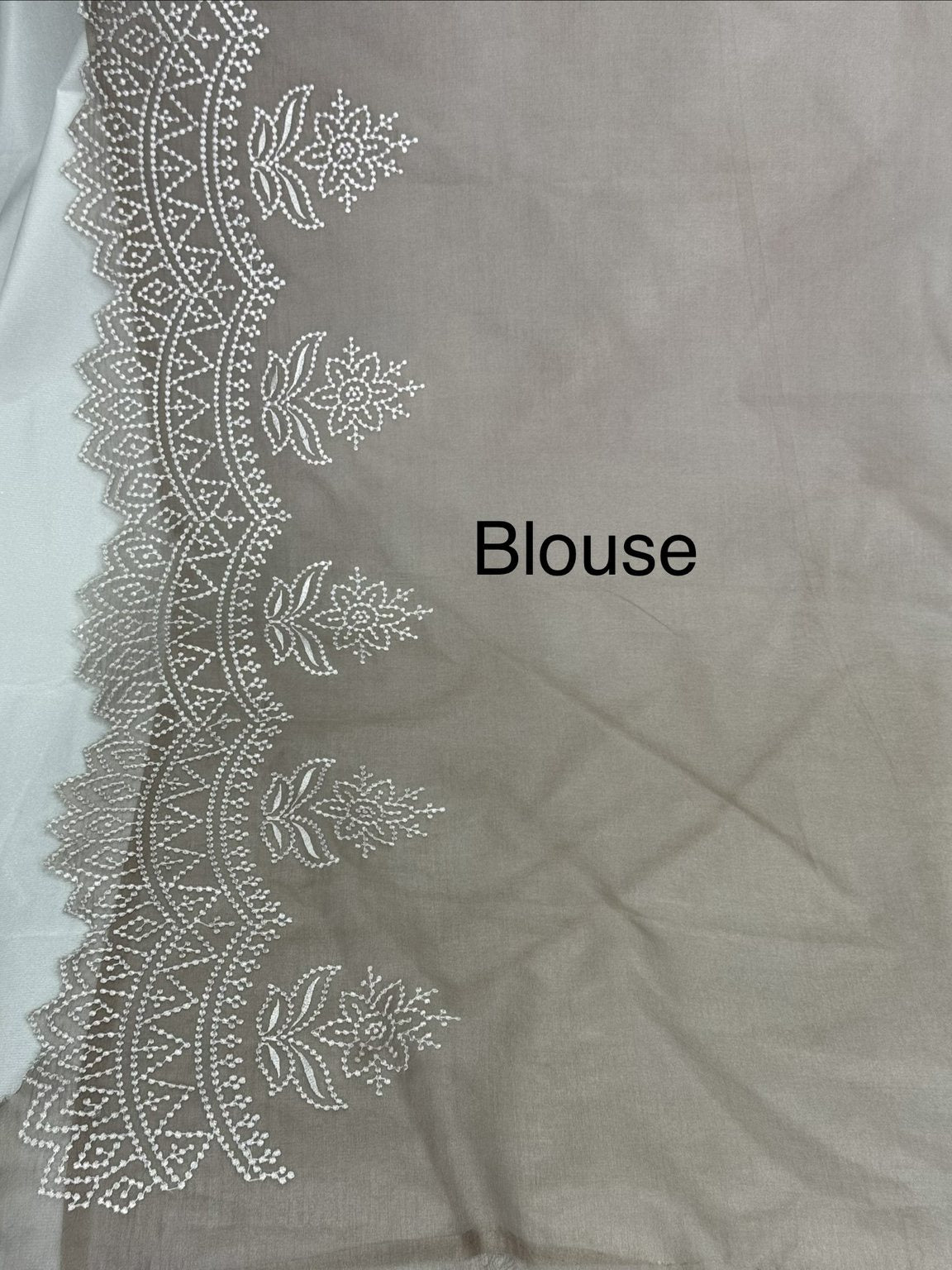 Mushroom Taupe Banarasi Organza Silk Saree with Elegant Embroidery Work & Scallop Border