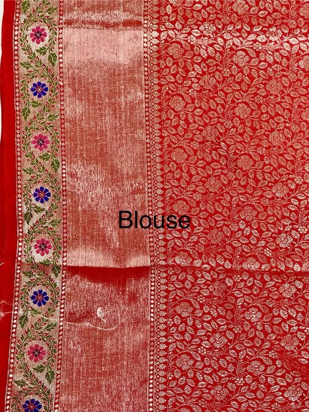 White Banarasi Soft Silk Saree With Red Floral Tilfi Border & Soft Gold Zari Weaving