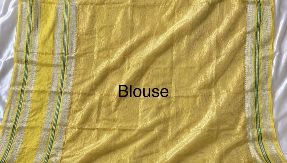 Citron Yellow Plain Banarasi Crinkle Tissue Saree with Silver Zari Border and Leaf Green Detailing