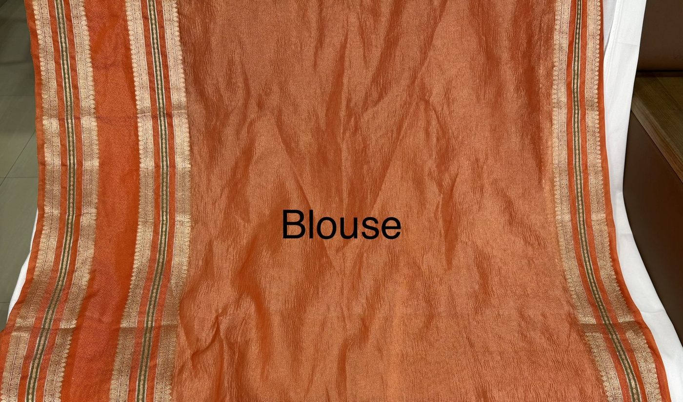 Burnt Orange Plain Banarasi Crinkle Tissue Saree with Silver Zari Border and Leaf Green Detailing