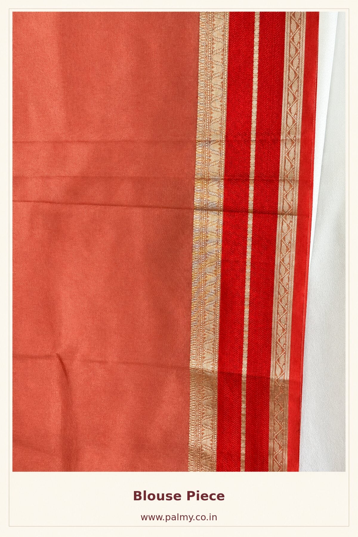 Peach Coral Plain Banarasi Tissue Silk Saree with Red & Gold Zari Border