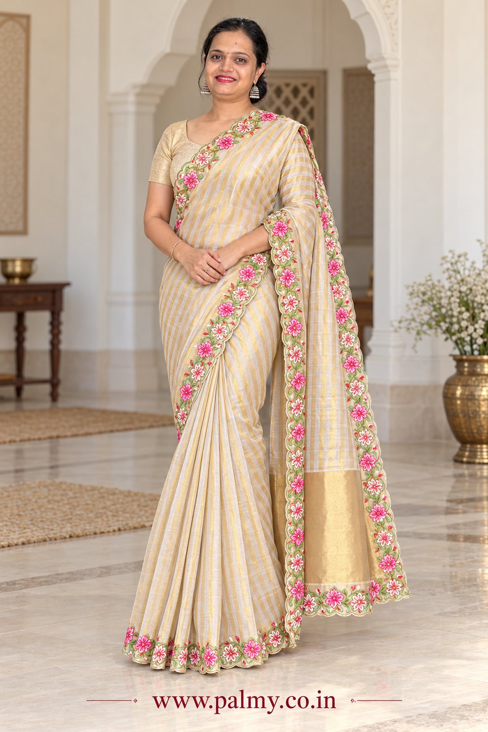 Ivory & Gold Banarasi Kora Tissue Saree with Zari Stripes & Floral Embroidery