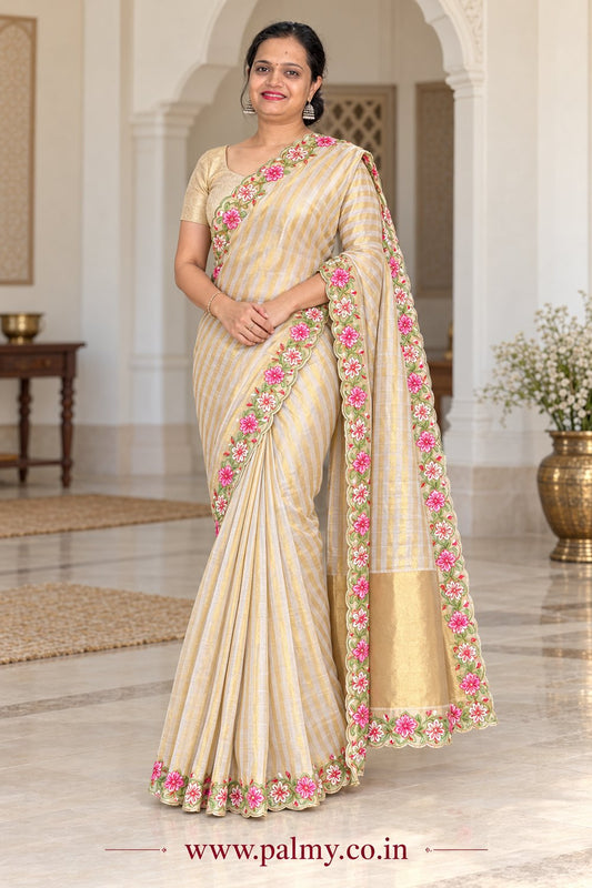 Ivory & Gold Banarasi Kora Tissue Saree with Zari Stripes & Floral Embroidery