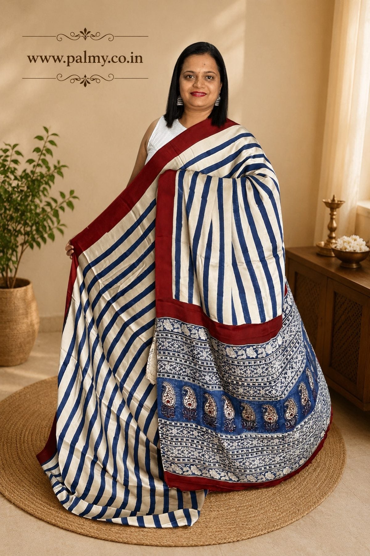 Ivory Pure Modal Silk Saree with Royal Blue Ajrakh Print, Designer Pallu and Printed Blouse by Palmy Sarees